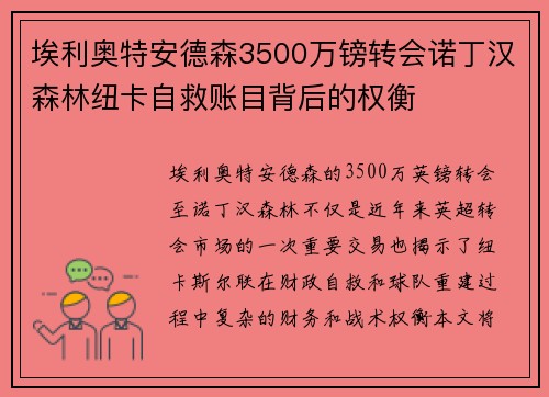 埃利奥特安德森3500万镑转会诺丁汉森林纽卡自救账目背后的权衡